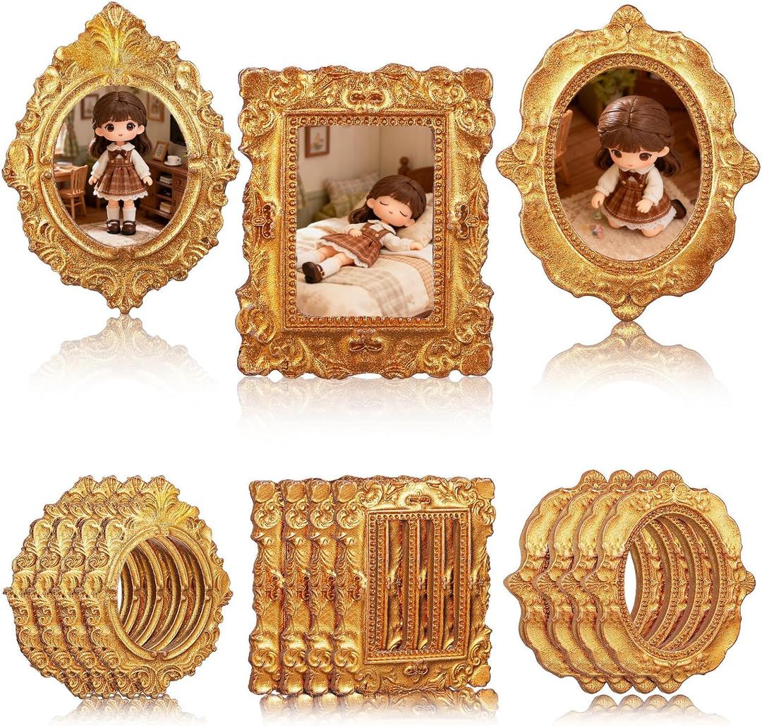 Balacoo 15 Pcs Gold Mini Picture Frames, Vintage Resin Baroque Antique Jewelry Photo Frame for Jewelry Display, DIY Craft Projects, Dollhouse Decor (3 Styles, 5 Each)