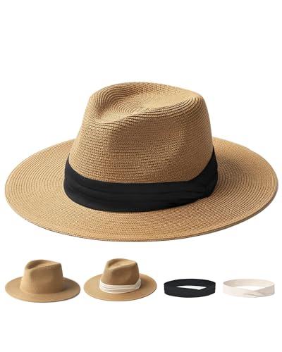 FURTALK Panama Hat Sun Hats for Women Men Wide Brim Fedora Straw Beach Hat UV UPF 80+.M