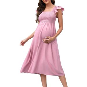 BeautyNee Womens Maternity Dress for Photoshoot Baby Shower Flutter Strap Sleeve Square Neck Smocked Maxi Boho Dress (XX-Large)