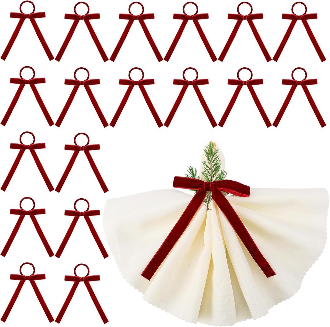 18 Set Christmas Napkin Rings 6in Velvet Bow Napkin Holders for Table Settings Festive Gift Serviette Holder Rings Bow for Christmas Birthday Party Anniversary Table Decorations(Burgundy)