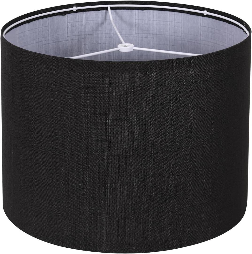 Black Drum Lampshade, Lamp Shade for Table Lamps Floor Lamp, 13" Top X 13" Bottom X 10" High Large Line Fabric Lamp Shades, Easy Assembly Replacement Lampshades