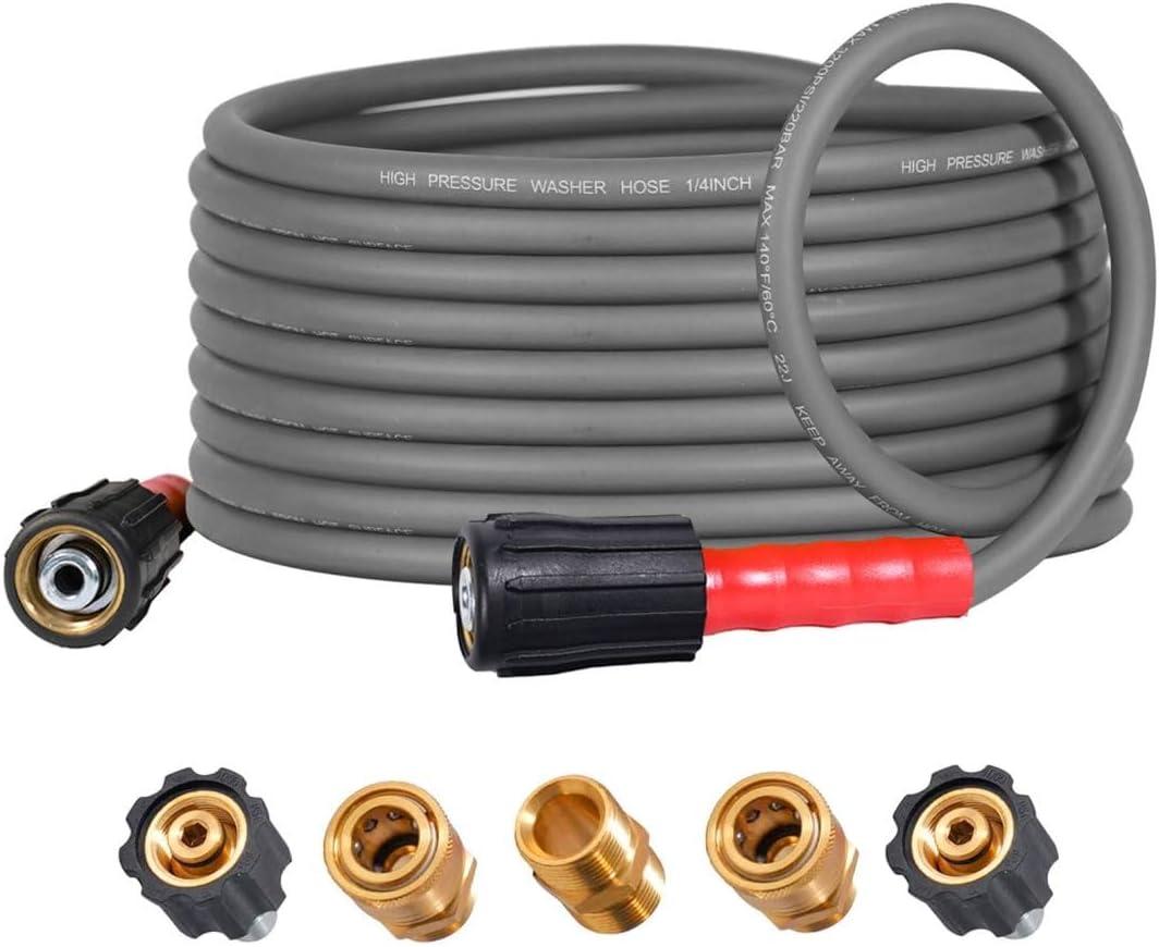 YAMATIC Upgraded Flexible Pressure Washer Hose 25FT 1/4", 3200 PSI Non-Kink Replacement with M22-14mm & 3/8" Quick Connect Adapters, Extension for Gas Power Washer Troy-Bilt Ryobi Honda Craftsman (Gray)