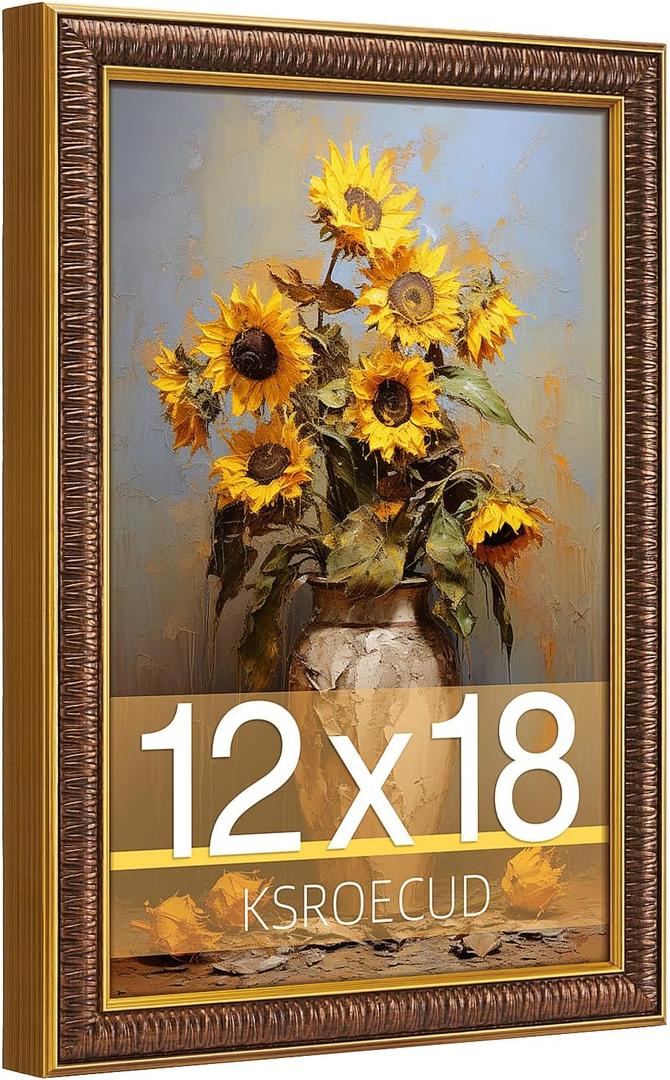 12x18 Picture Frame, HD Real Glass 12x18 Vintage Photo Frame, 12 by 18 Poster Frame with Vintage Gold Border Horizontal & Vertical Display for Tabletop or Wall Decor (1 Pack)