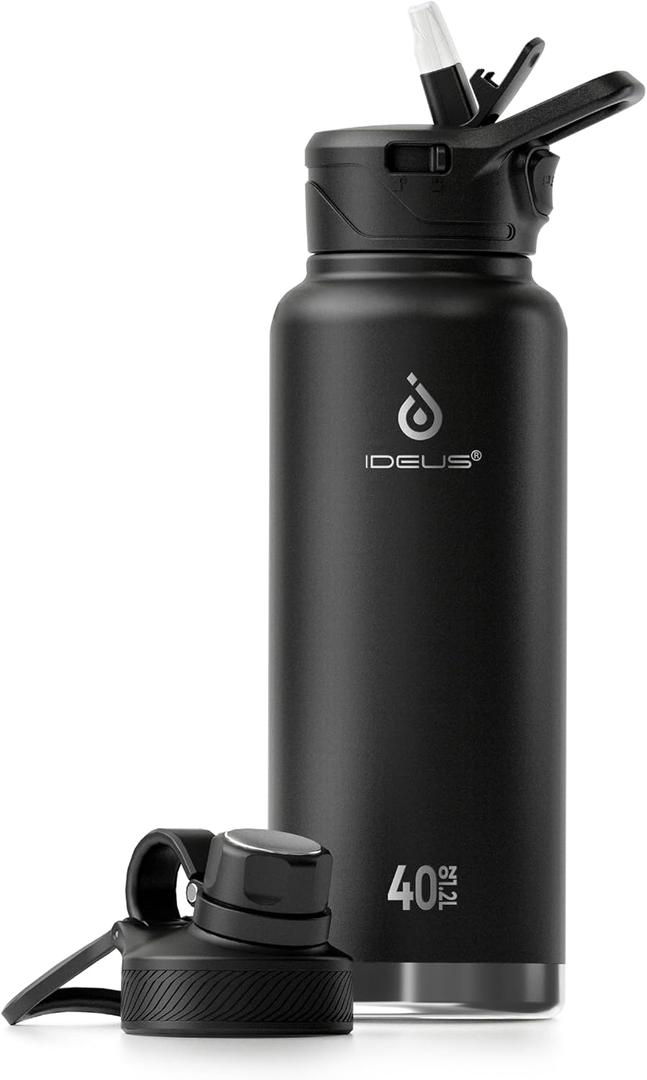 IDEUS Insulated Stainless Steel Water Bottle with 2 Leak-Proof Lids, Thermal Water Flask for Hiking Biking, 40oz, Black