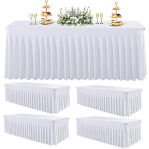 5 Pack White Spandex Table Cloths for 6 Foot Rectangle Tables, Wrinkle Free Fitted Table Covers 6 Ft Stretch Polyester Tablecloths with Skirt for Party Banquet Wedding Birthday Christmas