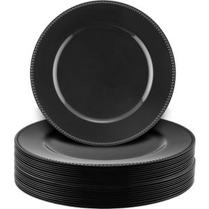 24 Pack Metallic Bead Charger Plates 13inch Round Elegant Serving Plates Plastic Disposable Chargers Bulk Dinnerware Set for Dinner Wedding Party Events Catering Decoration(Black)