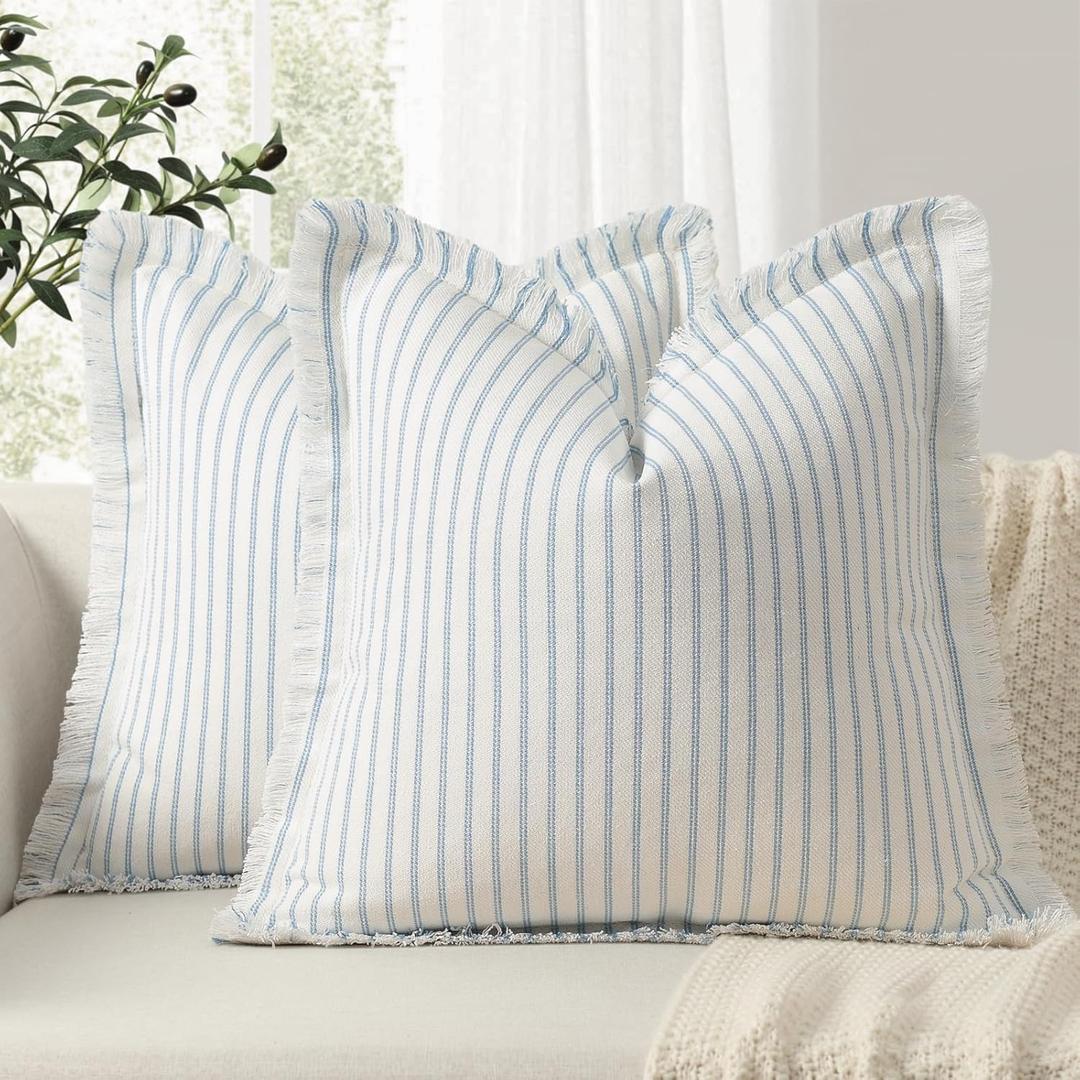 ZWJD Throw Pillow Covers 24x24 Set of 2 Striped Pillow Covers with Fringe Chic Cotton Decorative Pillows Square Cushion Covers for Sofa Couch Bed Living Room Farmhouse Decor (Light Blue)