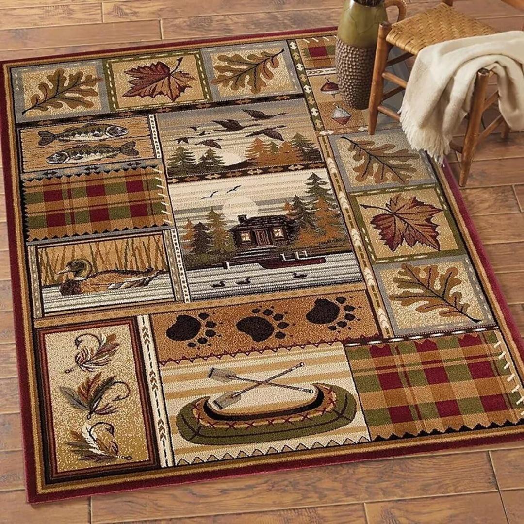 Rustic Cabin Fish Leaf Print Rugs for Home Office Decor Striped Pathwork Western Style Area Rug Floor Mat Low Pile Carpets,4'x5'