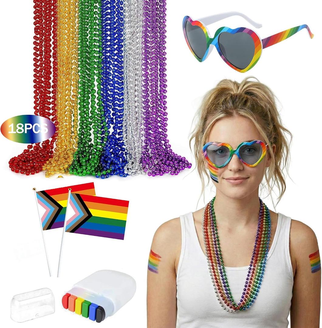 2 x Ainiel LGBTQ Pride Rainbow Accessories Set - Complete Costume with LGBT Rainbow Beads Necklaces Face Body Paint Sunglasses and Flag for Gay Lesbian