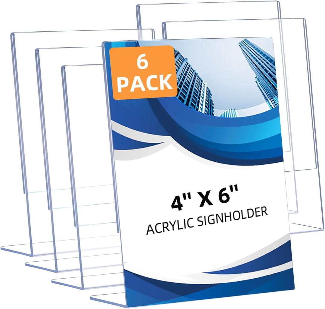6 Pack Slanted Back Acrylic Sign Holders 4x6 for Business & Store, Tabletop Vertical Sign Holder with AntiSlip Pads Clear Display Stand, for Menus Flyers Documents Office Restaurants Party Decoration