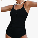 Womens One Piece Swimsuits Sports Adjustable Strap Tummy Control Bathing Suit Button Up Ribbed Swimwear S/M