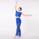 ODASDO Women Two Piece Lyrical Dance Costumes Criss Cross Crop Tops + Mesh Tulle Wide Leg Pants Modern Contemporary Dancewear (Blue, XL)