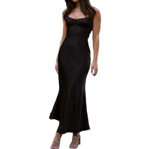 Satin Spaghetti Strap Backless Ruched Twist Cocktail Dresses for Women Silk Open Back Cut Out Midi Dress Wedding Guest (Black, XS)