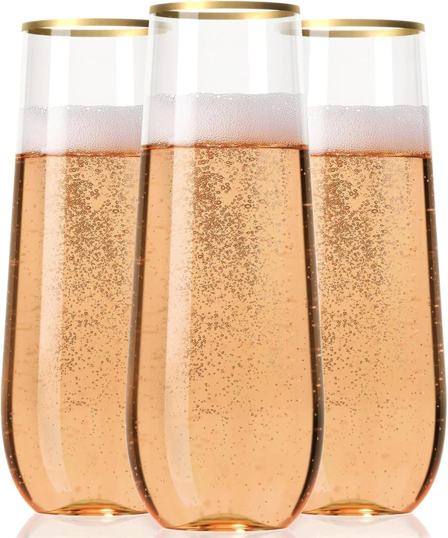 30 Plastic Stemless Champagne Flutes - Disposable Unbreakable 9 Oz toasting glasses, With Gold rim | Reusable, Clear, Fancy & Shatterproof Champagne Glasses - Ideal for Weddings, Birthdays, Parties