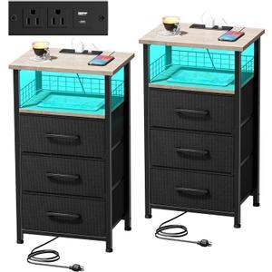Night Stand Set 2 with Charging Station, End Table Set of 2 with 20 Colors LED Light Strip, 3 Fabric Drawers, Bedside Table with USB Ports and Outlets for Bedroom (Grey)