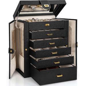 AKOZLIN Jewelry Box Organizer Functional Leather Jewelry Storage Case for Women Girls Ring Necklace Earring Bracelet Holder Organizer with Mirror Black (Regular)