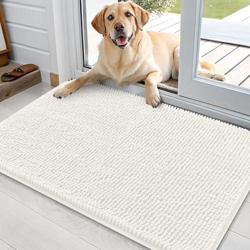 OLANLY Dog Door Mat for Muddy Paws 36x24, Absorbs Moisture and Dirt, Absorbent Non-Slip Washable Doormat, Quick Dry Chenille Mud Mat for Dogs, Entry Indoor Entryway Carpet for Inside Floor, Ivory