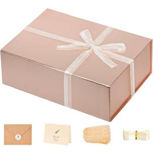 LIFELUM Gift Box for Presents 13.85'' x 8.35'' x 4.45'' Rose Gold Luxury Gift Box with Magnetic Lid Gift Boxes Contains Card, Ribbon, Shredded Paper Filler Gifts for Women (1Pcs)