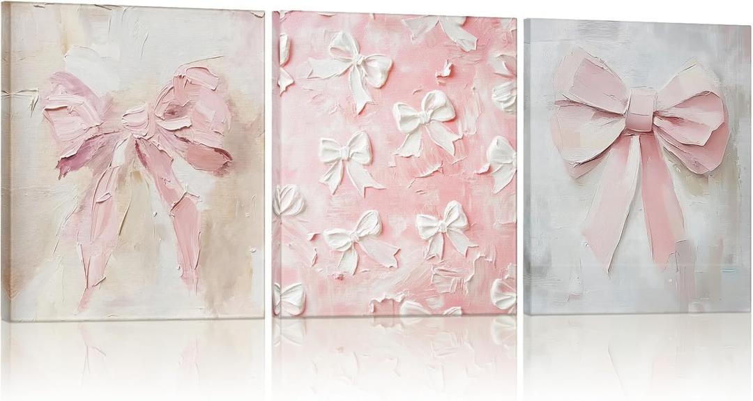 3 Pcs Coquette Pink Bow Canvas Wall Decor Christmas Cute Oil Painting Bow Wall Decor Print Trendy Preppy Cute Art with Framed for Xmas Bedroom Bathroom Kitchen College 9.84 x 7.87 Inch