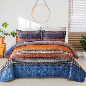 WONGS BEDDING Boho Quilt Set Queen Size, Blue Bohemian 3 Pieces Quilt Sets, Lightweight Bedspread Coverlet Bedding Set for All Season (96"x90")