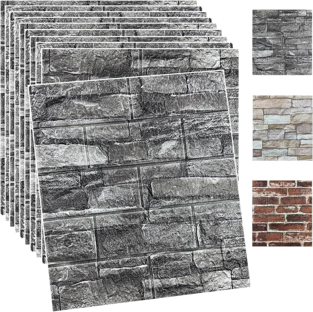 20PCS 3D Wall Panels Peel and Stick Foam 3D Brick Wallpaper Peel and Stick Black Faux Stone Wall Panel Self-Adhesive Wallpaper (20PCS, Black)