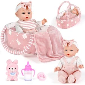 Dreamon 12'' Baby Doll Playset with Carrier Bassinet Bed, 11PCS Baby Doll Accessories Includes Pacifier, Blanket, Pillow, Diaper, Pretend Play Set Baby Doll Care Toys Gifts for Kids Girls