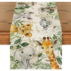 Artoid Mode Animals Elephant Giraffe BabyShower Table Runner, Seasonal Spring Summer Kitchen Dining Table for Home Party Decor 13x90 Inch (13" x 90", Table Runner, Green)