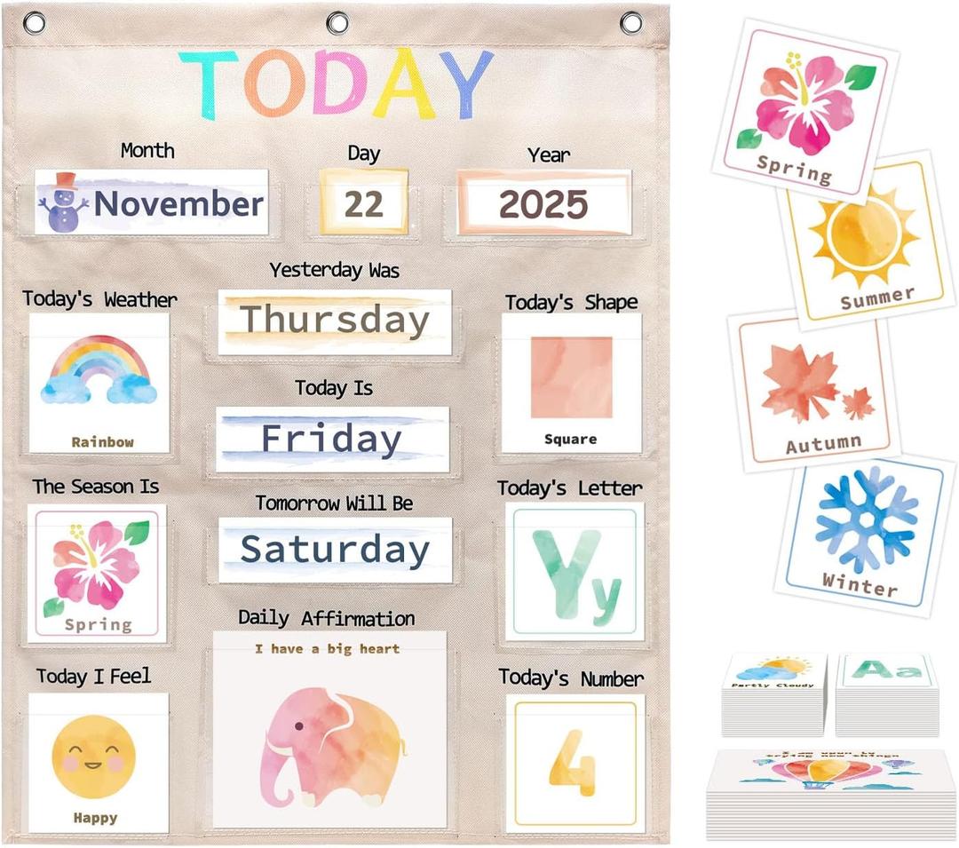 Daily Morning Board Circle Time Calendar Weather Seasons Positive Affirmations Letter Shape Number of the Day Pocket Chart,Toddler Preschool Calendar,Homeschool Morning Work Activity, Pastel Design