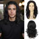 Mens Black Wig Long Curly Wavy Hair Wigs Natural Look Brunette Heat Resistant Synthetic Retro Male Wig for Daily Party Costume Cospaly Halloween or FunBlack