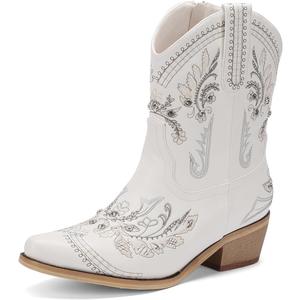 Rhinestone Ankle Cowboy Boots for Women Embroidered Short Cowgirl Boots with Low Heel Side Zipper Comfortable Chunky Heel Western Booties for Prom Party Wedding Pull On Shoes (7.5, White)