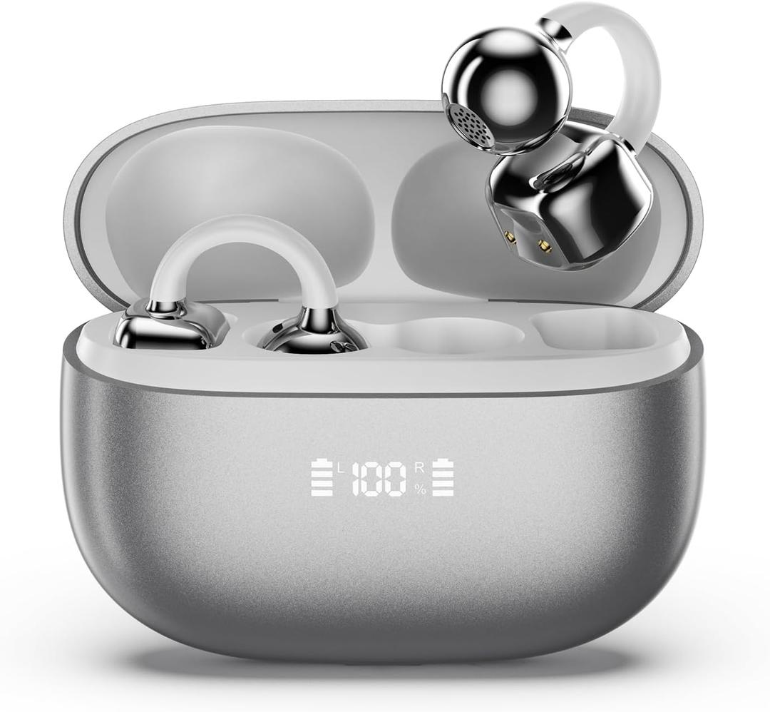 PAXA Clip On Earbuds, Clipbuds7 Open Ear Earbuds Wireless Bluetooth 5.4 with LED Display, Auto L-R Ear Recognition and Touch Control, Ultra-Light 4.5g Fit Comfort for Sports Fitness Daily Use, Silver