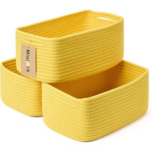 Small Storage Baskets for Organizing | Closet Organizer Bins | Shelf Toy Basket | Woven Rope Baskets | Cube Decorative Box | Shallow Basket | 13x8.5x5.1 | 3 Packs Yellow