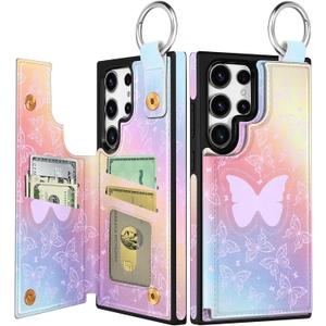 Shorogyt for Samsung Galaxy S24 Ultra Wallet Case with Card Holder - Designer PK Butterfies Pattern Kickstand Magnetic Clasp Back Flip Folio Leather Phone Cases for S24 Ultra for Women Men Girls (Colorful Butterfly)