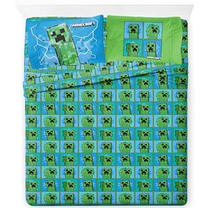 Jay Franco Kids Sheet Set with Fitted, Flat Sheets & Pillow Cover - Ultra-Soft Bedding with Pillowcase for Room Decor, Blue - Minecraft Creeper, 4 Piece Queen