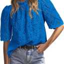 PRETTYGARDEN Summer Tops for Women 2026 Short Sleeve Embroidered Eyelet Shirts Dressy Casual Blouses Spring Fashion Clothes (XX-Large, Brilliant Blue)