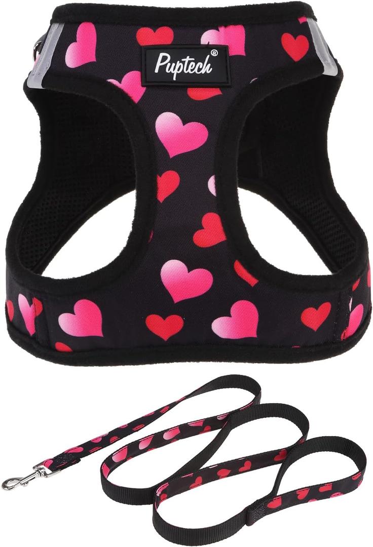 PUPTECK Dog Harness and Leash Set for Large Dogs No Pull Step-in Soft Mesh Puppy Cat Vest Valentine Harnesses Reflective at Night, Black&Pink Heart, L