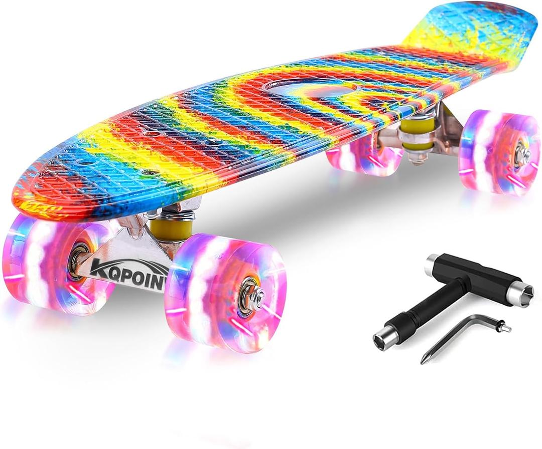 Skateboards, 22" Complete Skateboard, Mini Cruiser Skateboard for Kids Boys Girls Teens Beginners with Colorful Flashing Wheels Skate Tool, Kids Children's Day Gift (Rainbow)