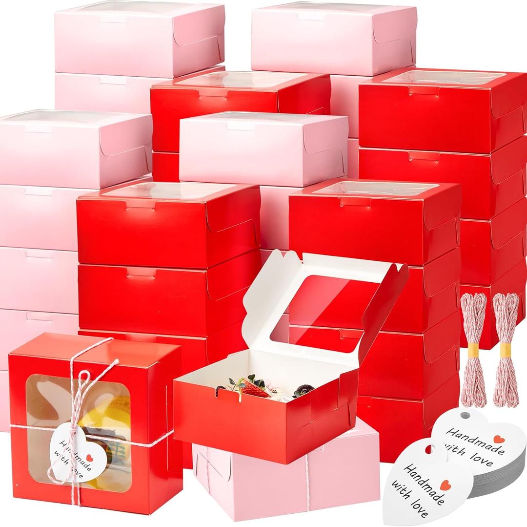 Maxcheck 100 Pcs Valentine's Day Cookie Boxes with Window 4x4x2.8 Inch Red Pink Pastry Bakery Treat Boxes Individual Cupcake Container for Valentines Macaroon Wedding Birthday Party