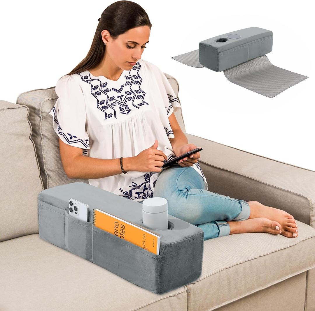 HOMBYS Removable Couch Armrest with Cup Holder,High Density Foam Couch Caddy with Storage，Remote Holder for Sofa,Removable Cover
