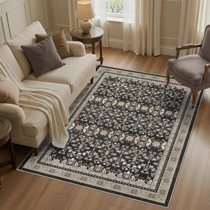 WITSHOCK Black 5x7 Boho Rugs for Bedroom: Washable Non-Slip Foldable Low Pile Rug for Living Room Dining Room Nursery Playroom Home Decor, Vintage Moody Retro Antique Farmhouse Carpet