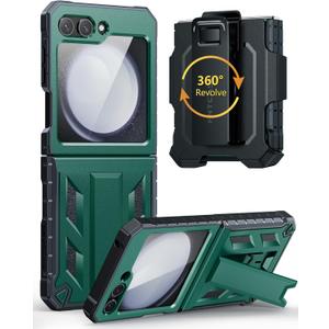 FNTCASE for Samsung Galaxy Z-Flip5 Case: Military Grade Drop Protection Shockproof Cell Phone Cover with Belt Clip Holster & Kickstand | Protective Full-Body Rugged Case for Z Flip 5, 2023 - Green