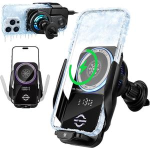 Cooling Car Phone Holder, 15W Wireless Car Charger Mount, Smart Sensing Car Vent Phone Stand with RGB Ambient Light, Auto Clamping Anti-Shake Mount Stands Compatible for iPhone, Android Smartphones