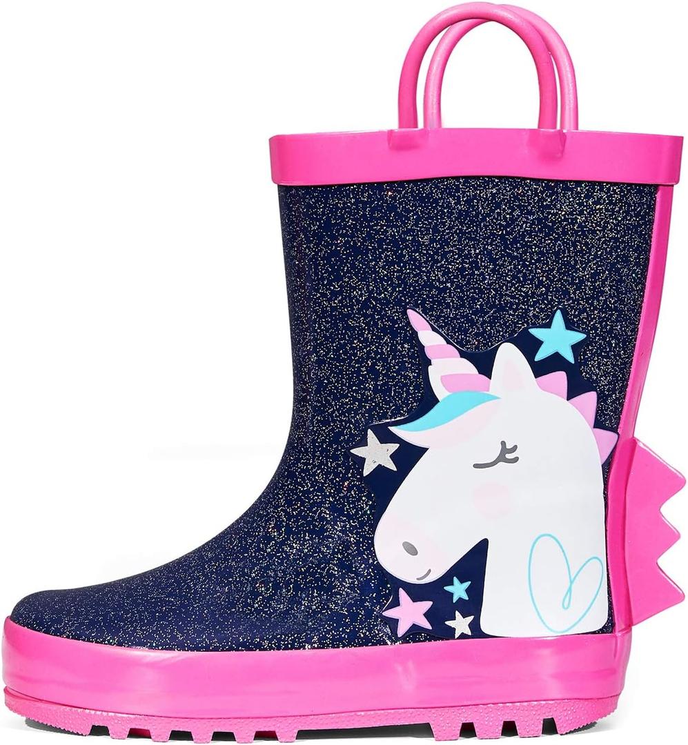 K KomForme Kids Rain Boots Waterproof Printed Rubber boots with Handles (12 Little Kid, Glitter Unicorn Star)