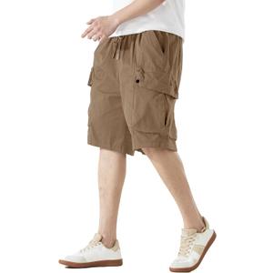 Men's Cargo Shorts Casual Work Shorts with Pockets, Elastic Waist & Drawstring, Relaxed Fit Cotton Utility (Brown, L)