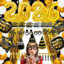 Joy Bang 70 PCS Happy New Years Decorations 2026, New Years Eve Party Supplies Photo Booth Props Backdrops Black Gold, 2026 Foil Balloons Headband Tiaras/Hats/Glasses/Noise Maker