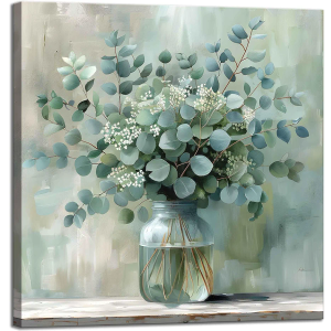 Eucalyptus Flower Glass Vase Canvas Wall Art Bathroom Decor Country Style Wall Decor Pictures Farmhouse Vintage Artwork Green Botanical Posters Prints for Bathroom Bedroom Decoration