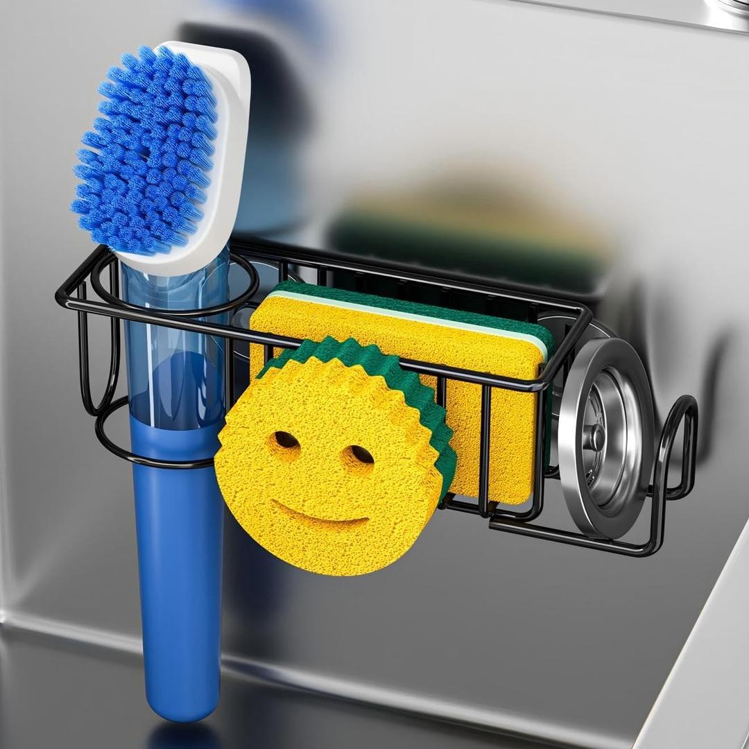 Sponge Holder Smiley Face, Sink Caddy for Kitchen Sink, 4-in-1 Sponge Holder with 2 PCS Suction Cups/1 PCS Adhesive Hook, Designed for Sponge, Soap, Dish Brush, Scrubber-Black