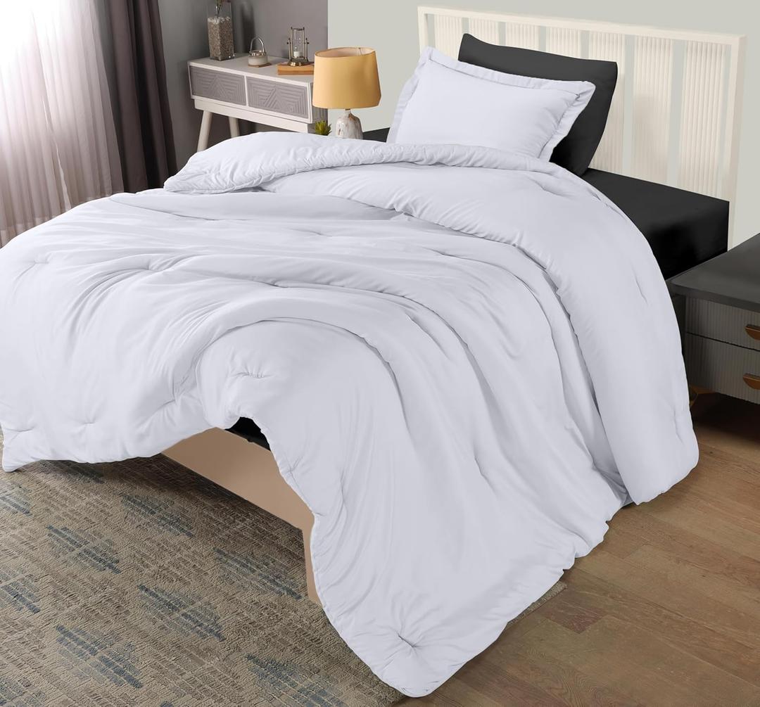 Bedding Twin Comforter Set White, Comforters Twin Size 2 Pieces Bedding Comforters Sets, Down Alternative Soft Bed Set, 1 Comforter (64 x 88 inches) 1 Pillow Sham (20 x 26 inches)