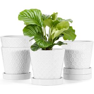 EFISPSS Flower Planter –5 inch Ceramic Plant Pots with Drainage Holes and Ceramic Tray - Gardening Home Desktop Office Windowsill Decoration Gift Set of 4 - Plants NOT Included (White)