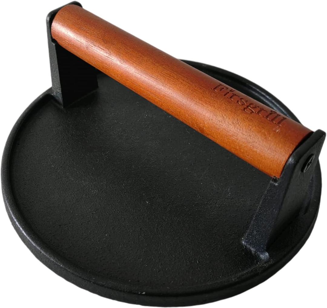 Firsgrill Burger Press 7.08" Round,Heavy-Duty Cast Iron Smash Burger Press Meat Steak With Wood Handle for Blackstone Camp chef Pitboss Weber Griddle Grills(Round) (7.1" x 7.1" x 2.9")